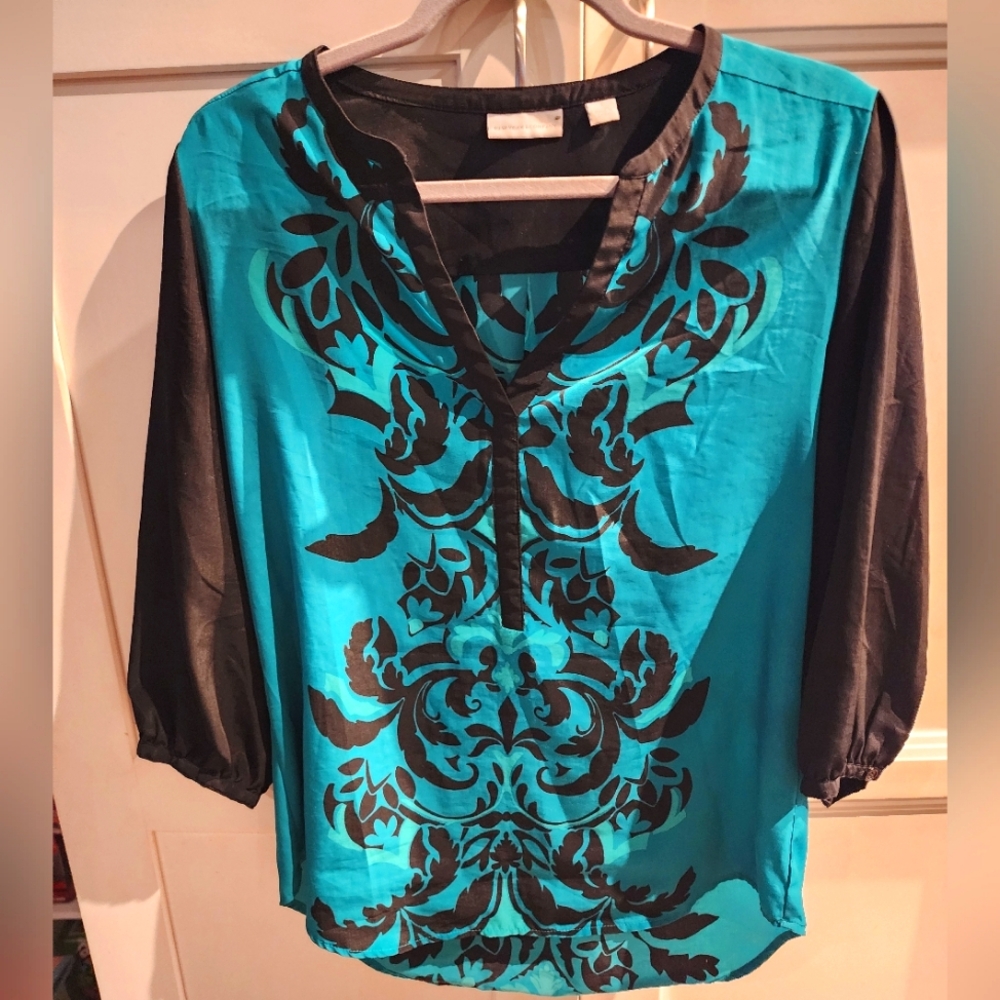 Teal and Black Patterned Blouse
